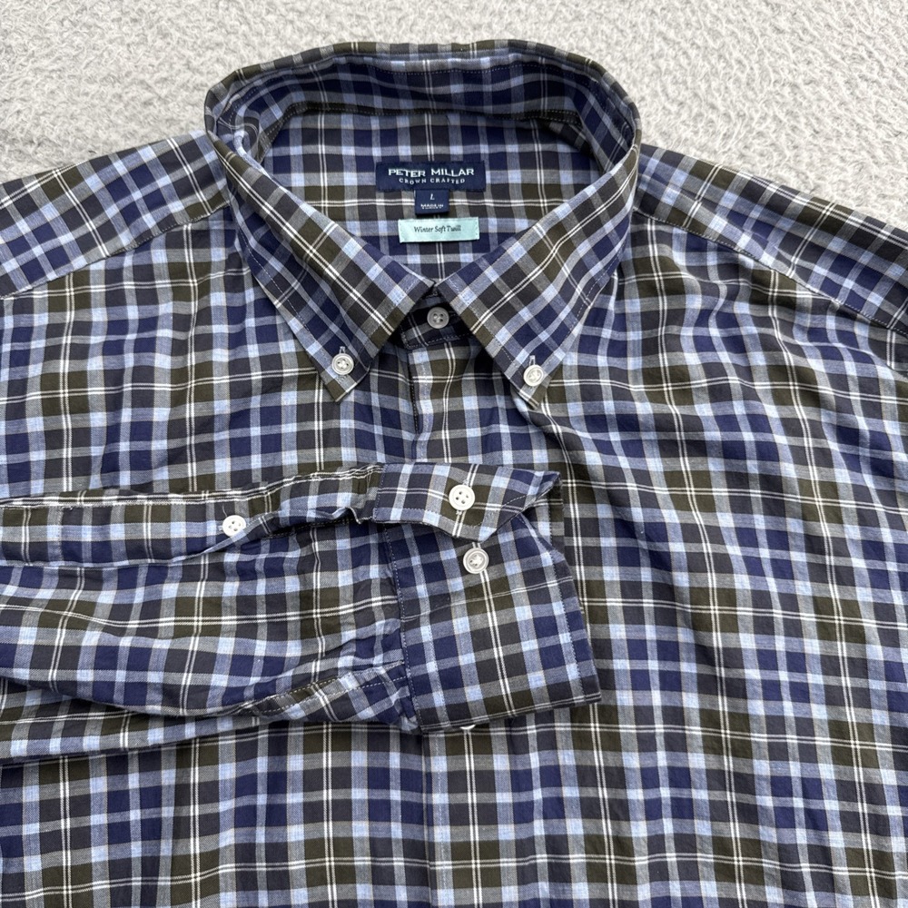 Peter Millar Crown Crafted Shirt Mens Large Blue Plaid L/S Winter Soft Twill